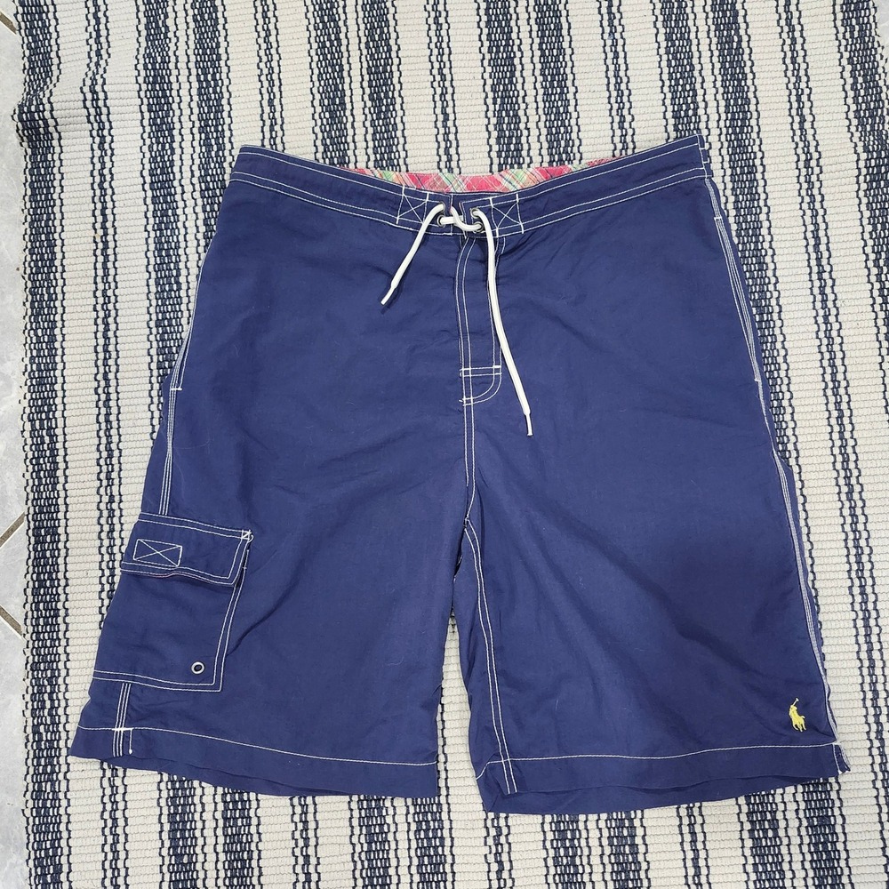 Polo Ralph Lauren Mens Navy Blue Board Shorts Cargo Swim Trunks Sz L Plaid Trim